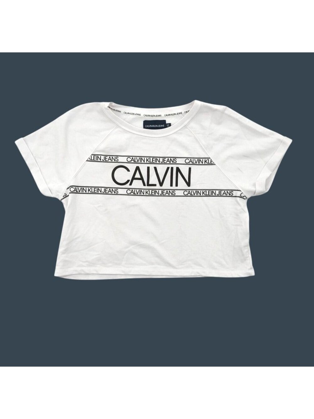 Calvin Klein Cropped T Shirt Logo Graphic Print Raglan Sporty Minimalist XLarge